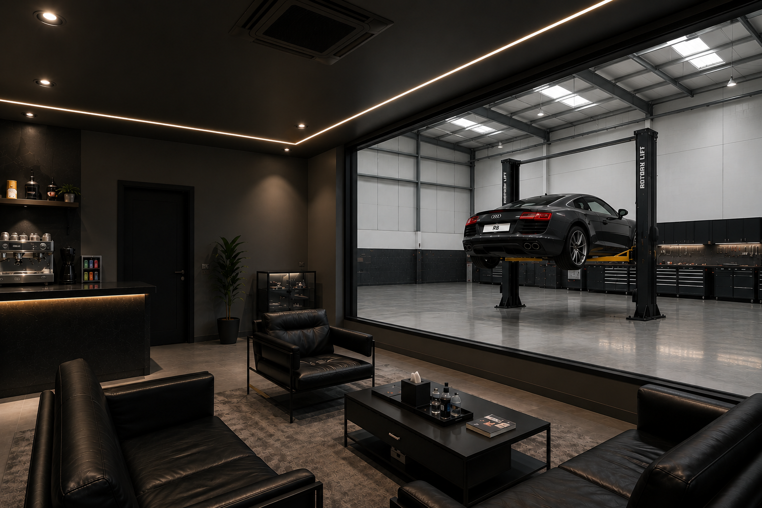 8X Motorsport customer lounge and workshop view